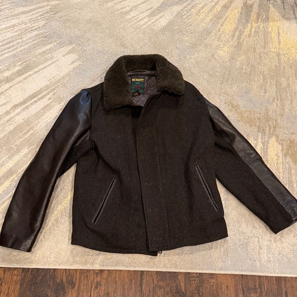 Schott NYC #796 brown wool jacket Size M Cowhide sleeves  with Sheepskin Collar